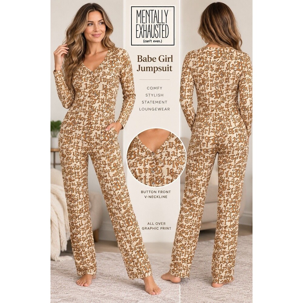 Mentally Exhausted Babe Girl Graphic Straight Leg Jumpsuit Long Sleeve Size XL